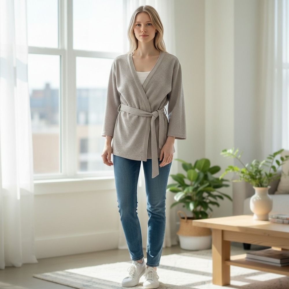 All Row Waffle Knit Wrap Top Taupe Grey V-Neck Tie Waist TM1591 Womens Large